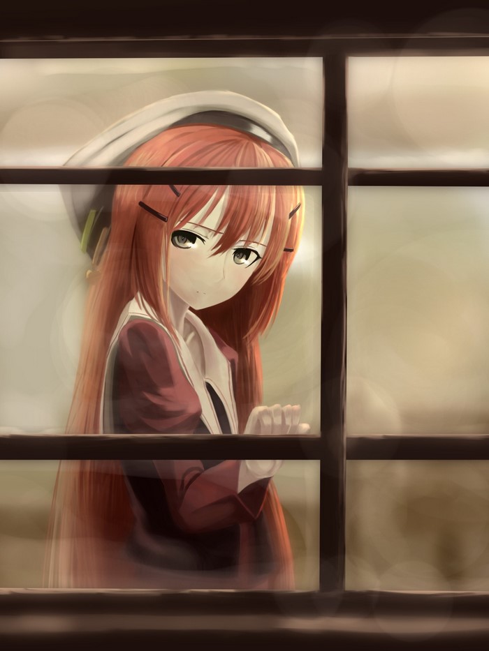 Anime girl with long red hair looking through a window
