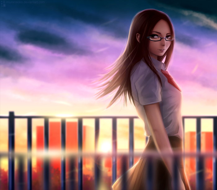 Anime girl with glasses at sunset