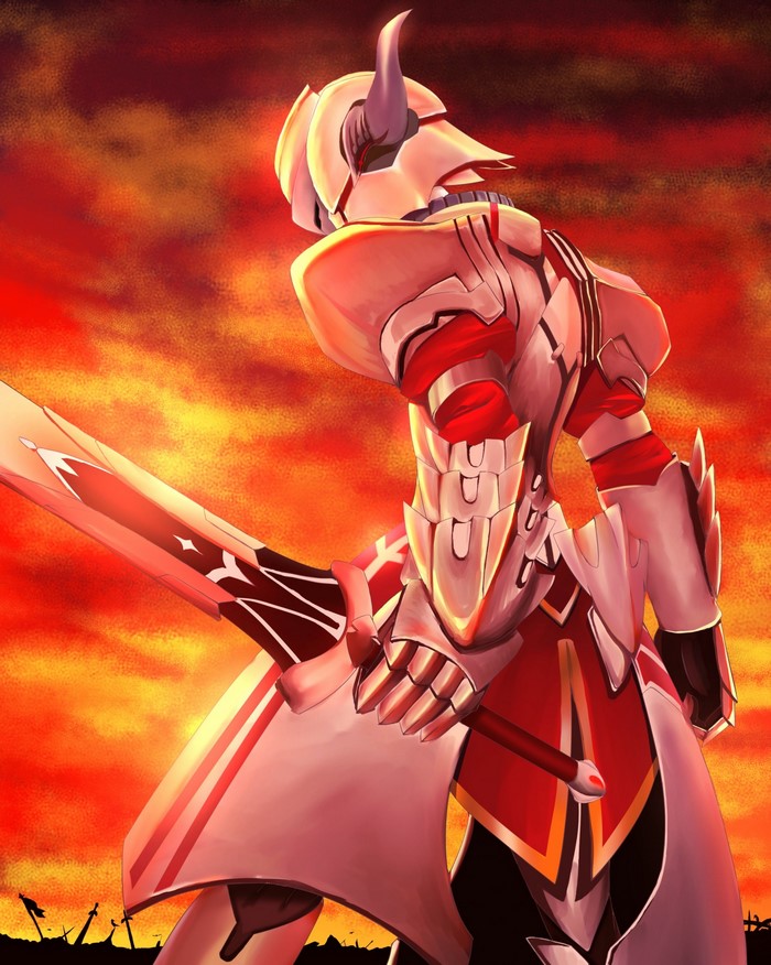 Knight in armor with sword against fiery sky