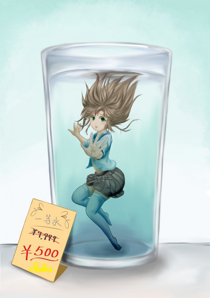 Anime girl in a glass of water with price tag