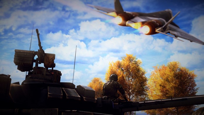 Battlefield 4 screenshot featuring a tank and a Sukhoi PAK FA jet