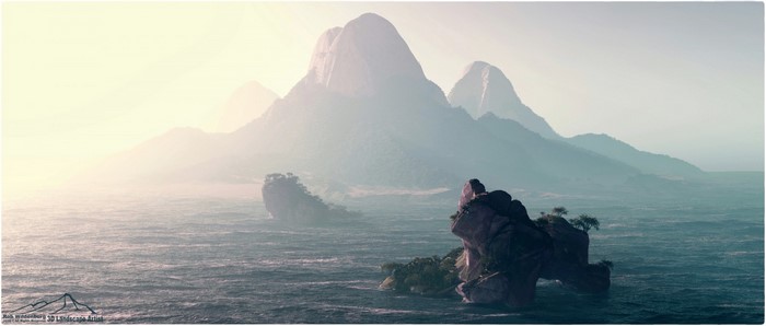 Misty mountains and islands in the sea, digital art