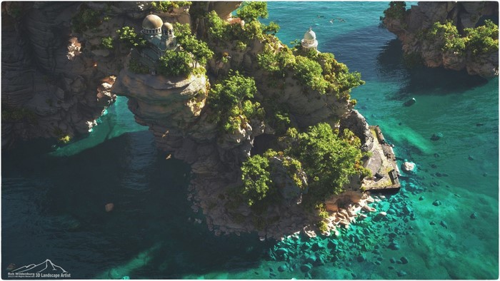 Digital art of a coastal landscape with ancient structures