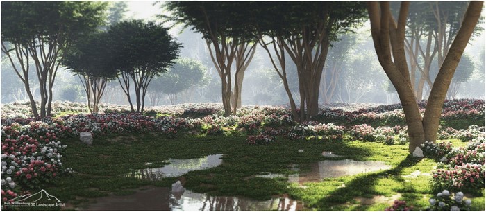 3D render of a forest garden with trees and flowers