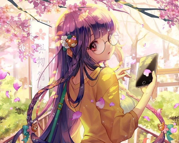 Anime girl with purple hair and glasses holding a phone