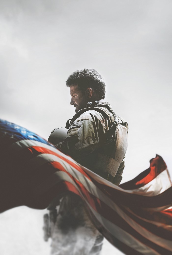 American Sniper movie poster with soldier and flag