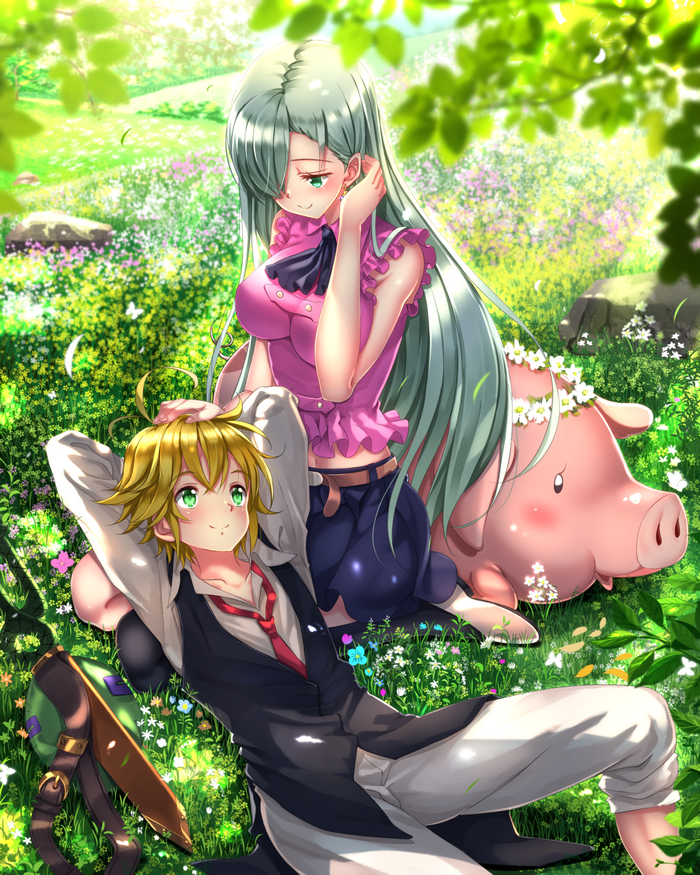 Nanatsu no Taizai Characters Elizabeth and Meliodas in a Sunny Meadow