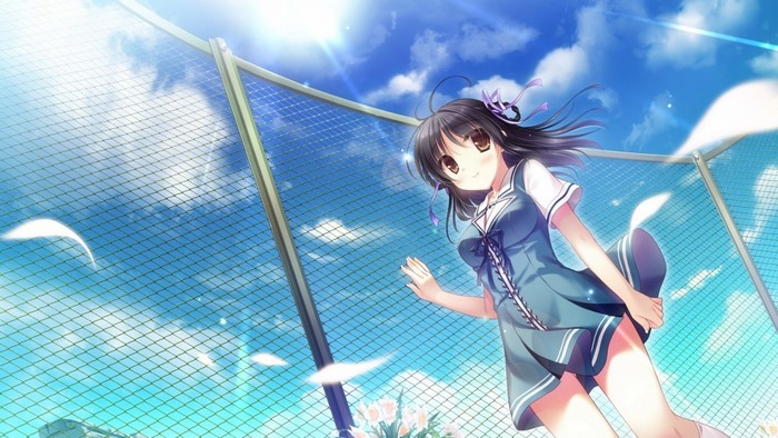 Anime girl in school uniform by a fence