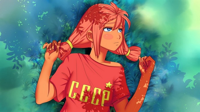 Anime girl with pink hair wearing USSR t-shirt