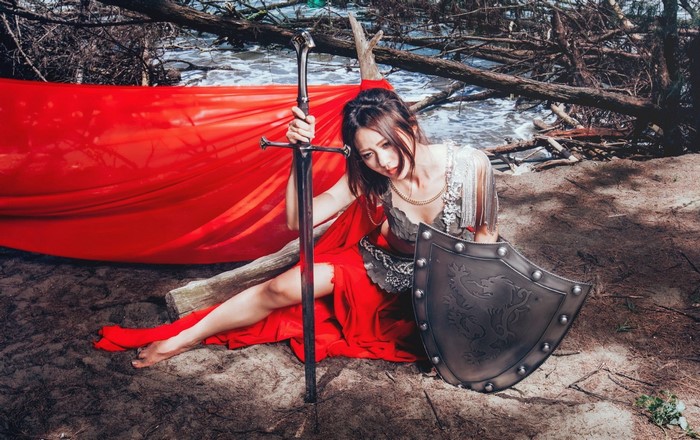 Fantasy Warrior Girl with Red Cloak and Shield