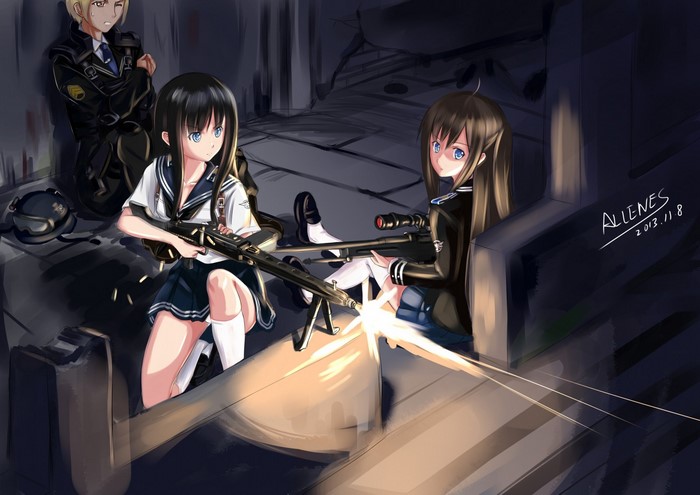 Anime girls with machine guns and sniper rifle