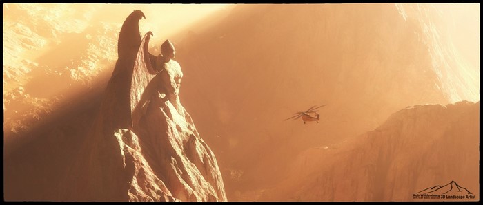 Helicopter flying near statues on a mountain landscape
