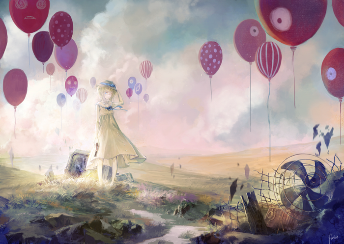 Girl with balloons in a desolate landscape