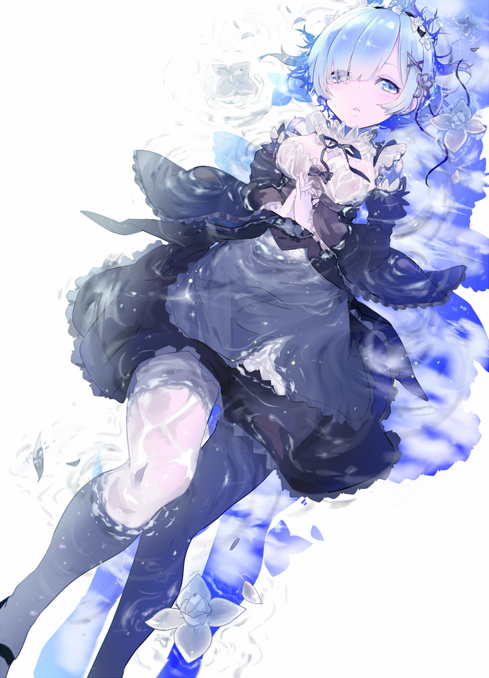 Rem from Re:Zero in a dark dress with blue flowers