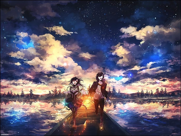 Anime couple running on a pier at sunset