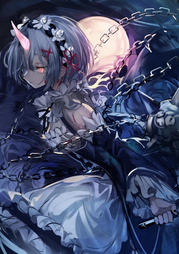 Rem from Re:Zero with a horn and chains