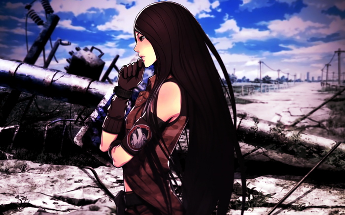 Anime girl with long hair in a post-apocalyptic setting