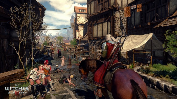 Geralt of Rivia from The Witcher 3 Wild Hunt on horseback in a medieval town