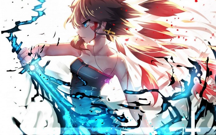 Anime girl with glowing blue sword and wings