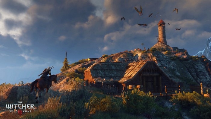 Geralt of Rivia from The Witcher 3 Wild Hunt on horseback near a village