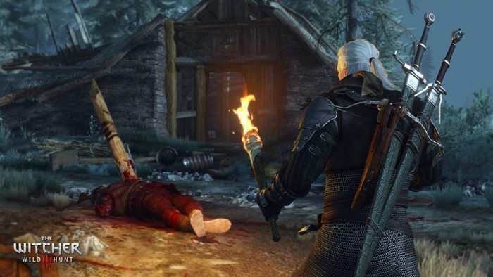 Geralt of Rivia from The Witcher 3 Wild Hunt with a torch
