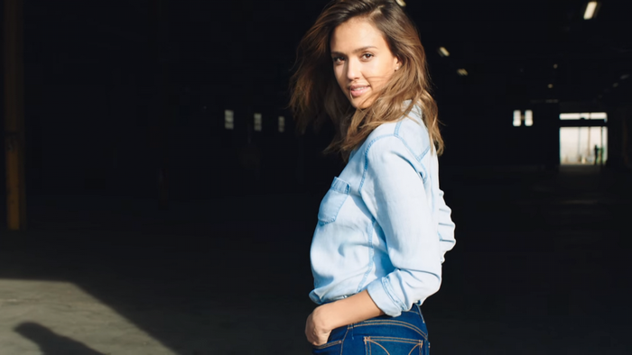 Jessica Alba in a denim shirt and jeans