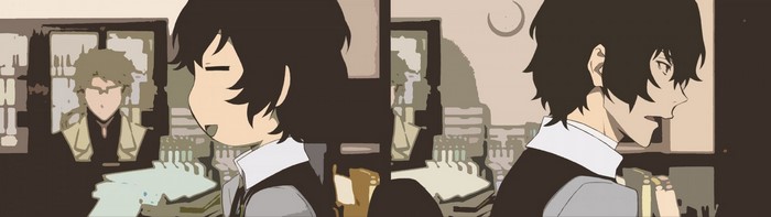 Characters from Bungou Stray Dogs in an office