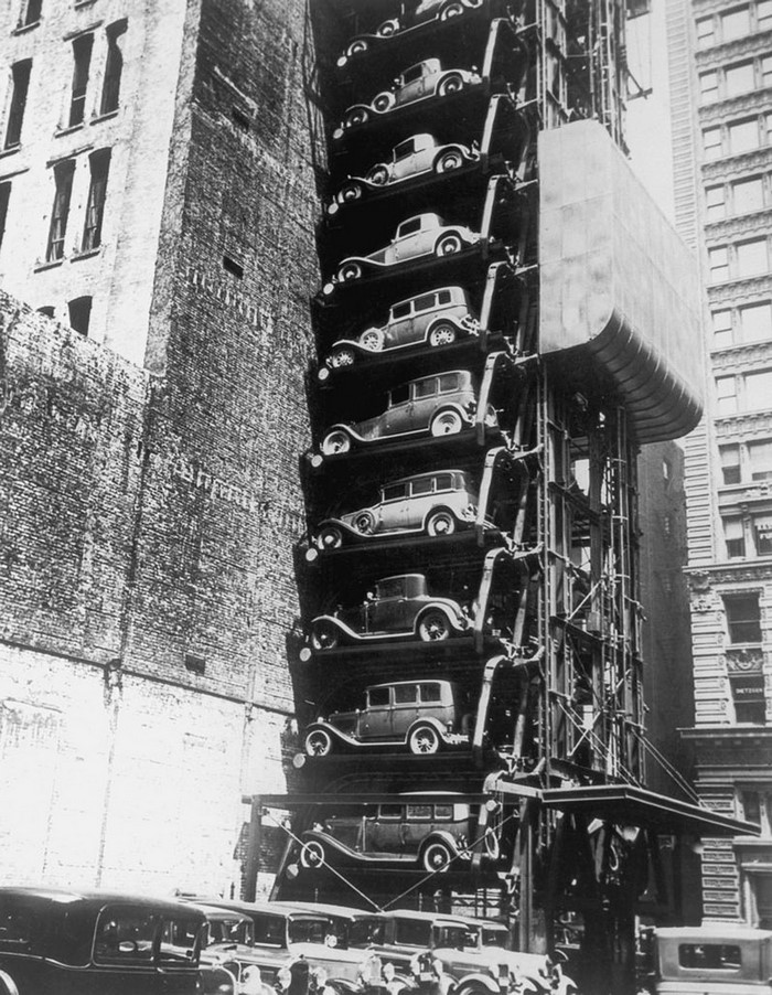 Vintage automated parking garage with cars in New York City