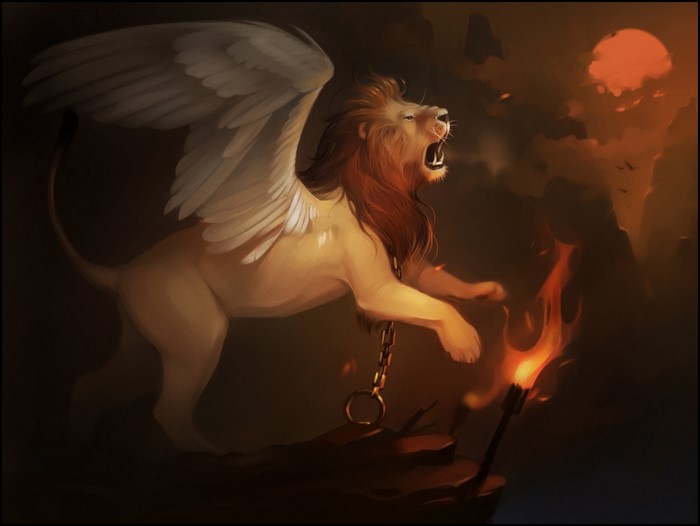 Winged lion chained near a torch and fire