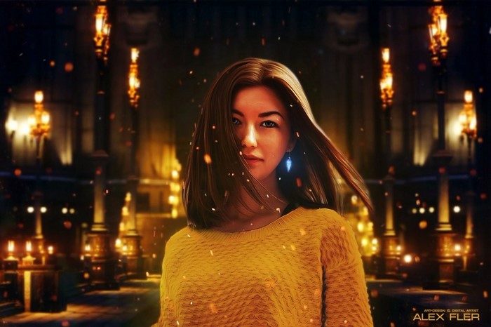 Woman in yellow sweater with floating embers