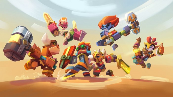 Group of stylized fantasy characters in combat