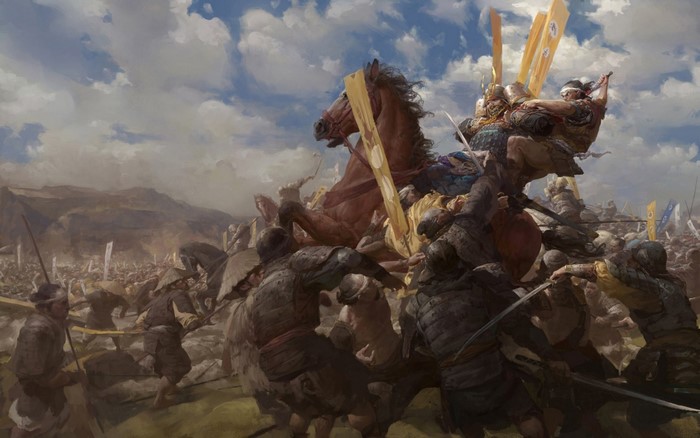 Artwork of a chaotic battle with soldiers and horses