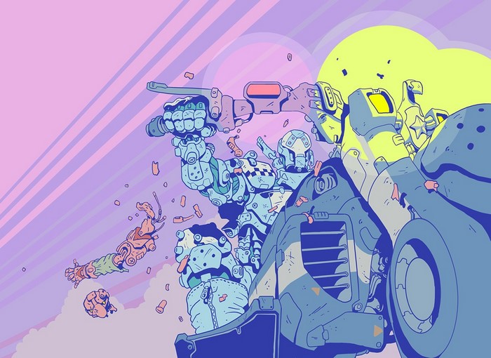 Robot riding a motorcycle with detached arm