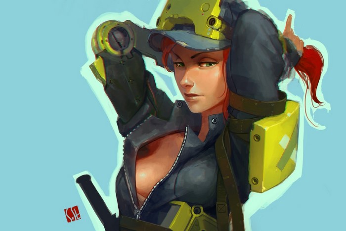 Redhead woman in tactical gear with helmet