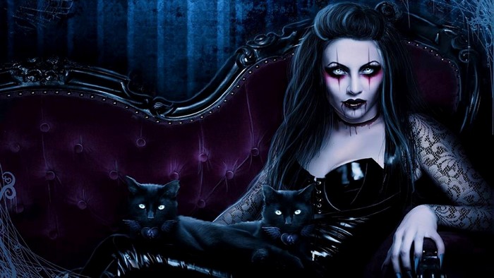 Gothic Vampire Woman with Black Cats