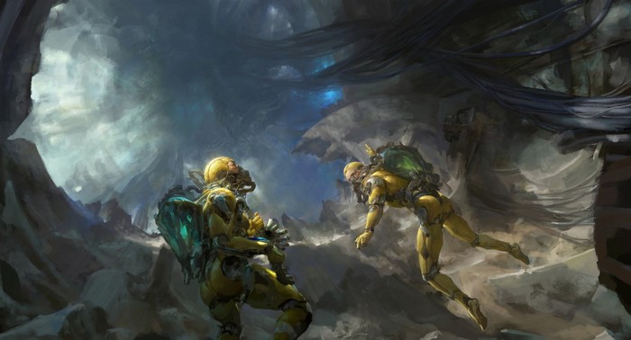 Two astronauts in yellow suits in a cave