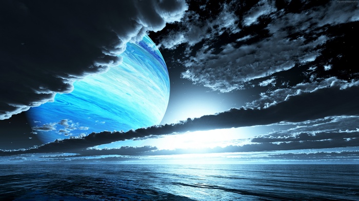 Planet over ocean with clouds and stars