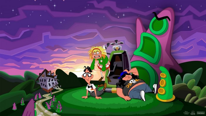 Day of the Tentacle characters in a surreal landscape