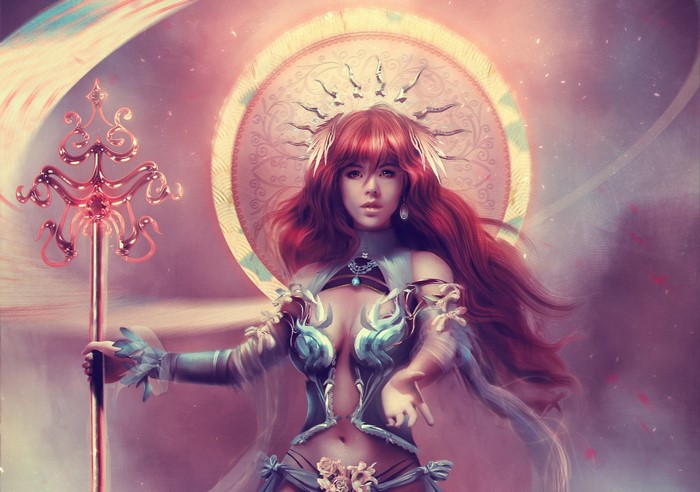 Fantasy woman with staff and halo