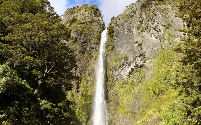 Tall waterfall cascading down rocky cliffs surrounded by trees