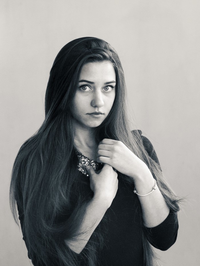 Monochrome portrait of a woman with long hair