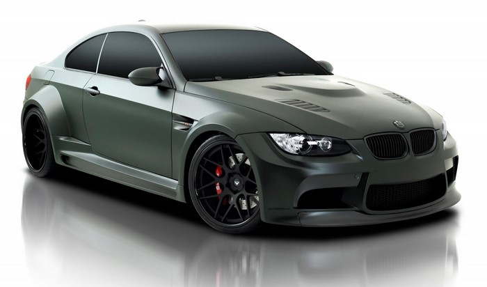 Matte green BMW M3 GTRS3 coupe with custom wheels