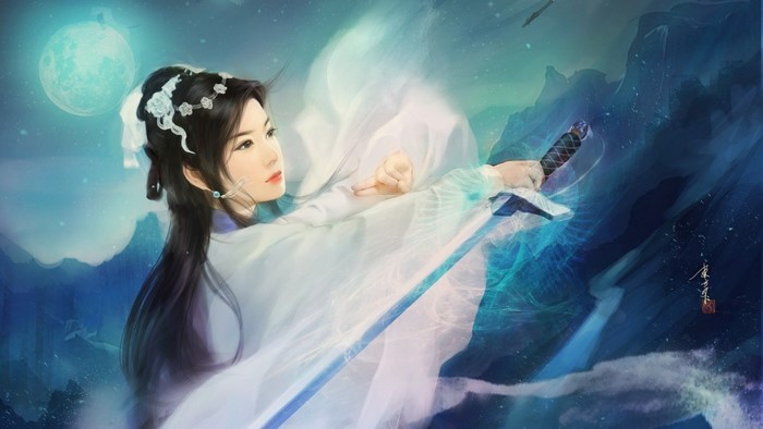 Asian woman warrior with sword under the moon