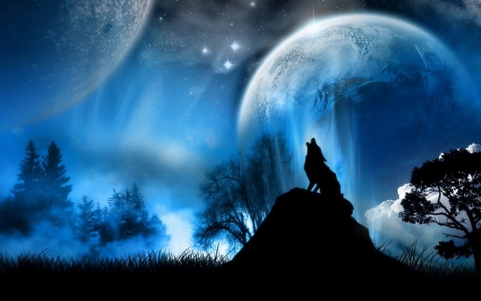 Wolf howling at the moon with planets in the sky