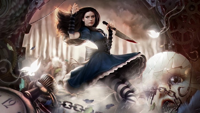 Alice from Alice: Madness Returns holding a bloody knife