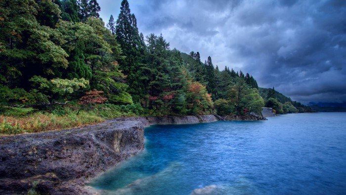 Blue lake surrounded by a dense forest under a cloudy sky