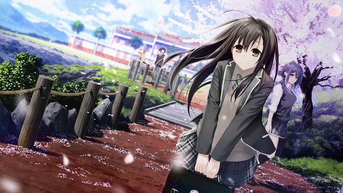 Anime girls in school uniforms under cherry blossoms