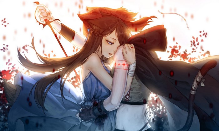 Anime girl with fox ears and sword embracing another