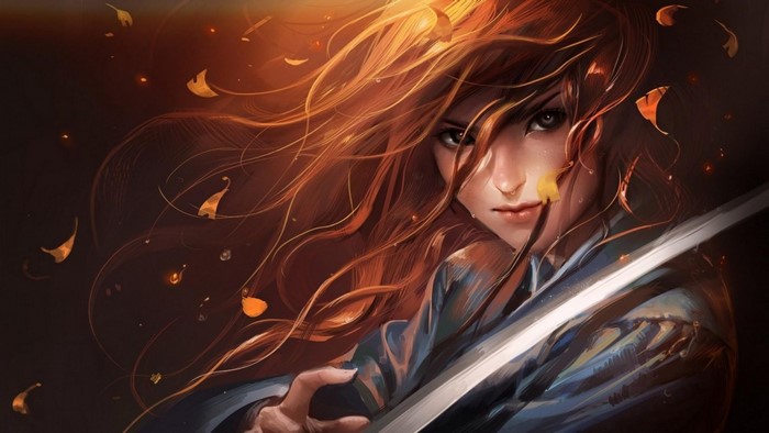 Anime warrior with red hair and sword