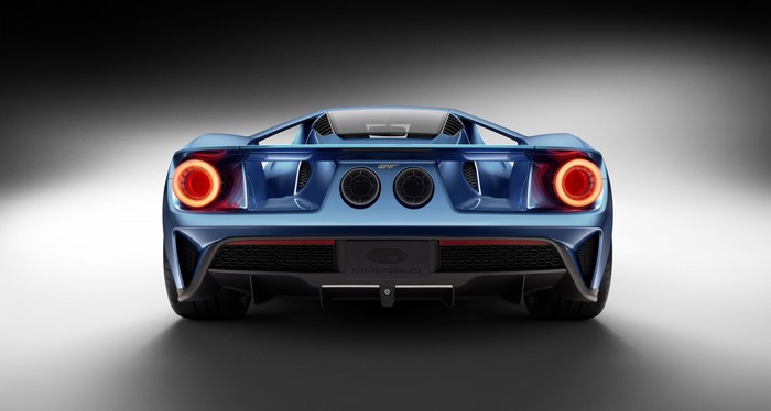 Blue Ford GT sports car rear view